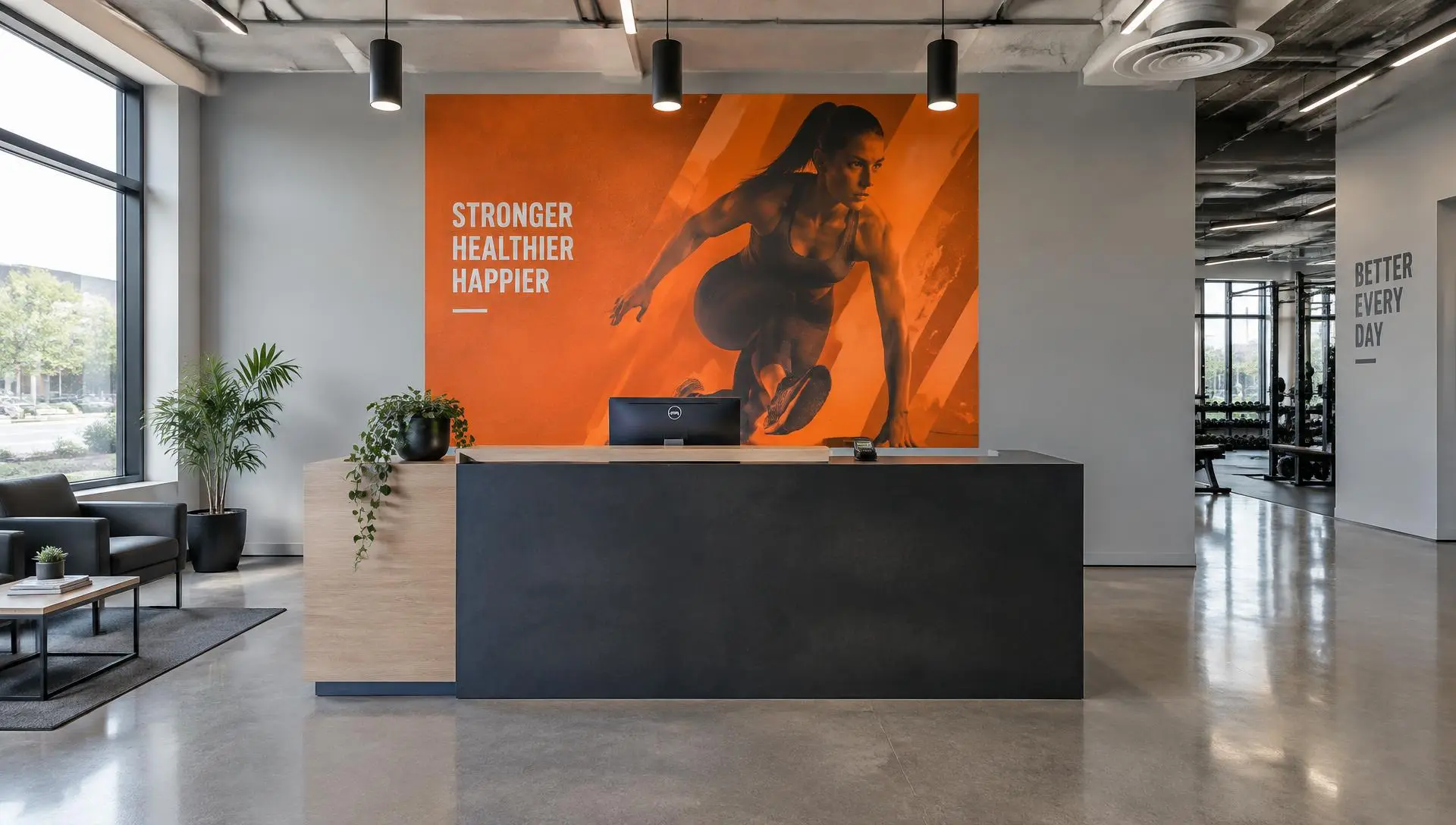 Graphic mural printed on a section of a gym reception wall